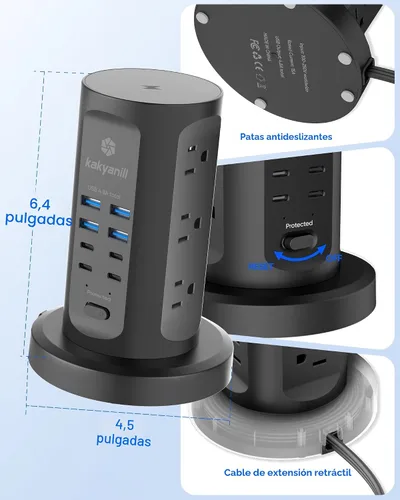 Vista 8 de Torre de Regleta de Alimentación, kakyanill Torre Protectora contra Sobretensiones 9 Tomas de CA 8 USB (4 USB C), Cable de Extensión Retráctil de 6