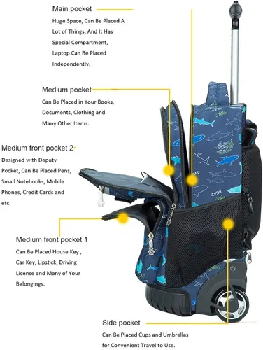 Vista 6 de Mochila escolar con ruedas Tilami de 18 pulgadas multifuncional, para niños y estudiantes