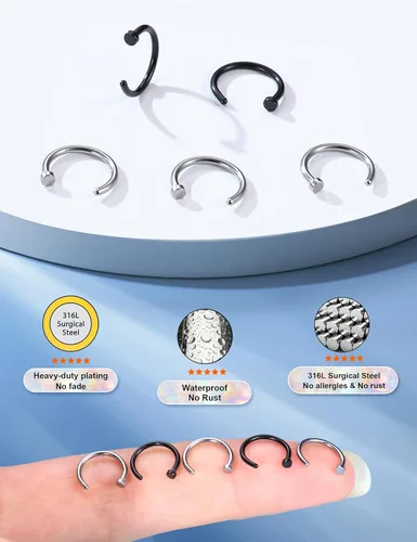 Vista 24 de FIBO STEEL - 5 piezas de acero inoxidable, 18G a 22G, joyería corporal, piercing de nariz para mujer