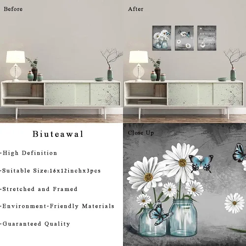 Vista 6 de Biuteawal 3 piezas de arte de pared de margaritas, pintura de flores y mariposas, citas inspiradoras, lienzo impreso, cuadro de arte floral