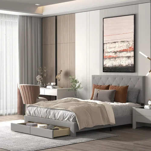 Vista 8 de NSdirect Base de cama tamaño Queen con cajón de almacenamiento, base de cama tapizada de terciopelo con 2 cajones de almacenamiento y estación
