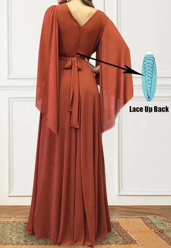 Vista 2 de Women's Long Sleeve Bridesmaid Dresses V-Neck Chiffon Ruched Formal Dress Evening Gown with Slit