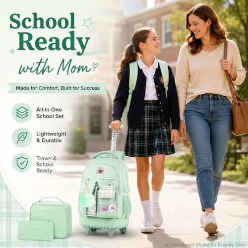 Vista 7 de Mochila con ruedas para mujer, bolsa de libros con ruedas, mochila escolar Juego de 3 piezas verde
