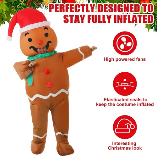 Vista 3 de Bokon Disfraz inflable de Navidad para adultos, disfraz de hombre de jengibre para hombre, unisex, para hombre y mujer, Halloween, vacaciones