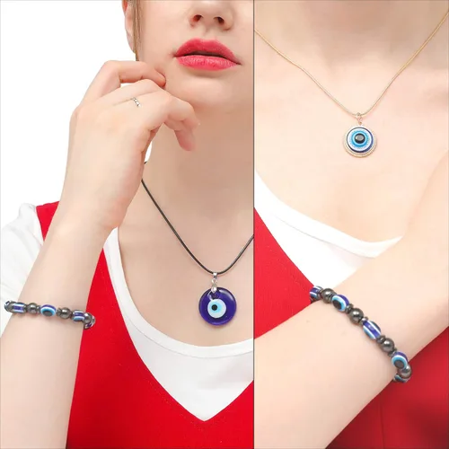Vista 4 de WBRWP- Juego de collar con colgante de mal de ojo cristal de ojo azul con cadena de cuerda de cuero, acero inoxidable, protección turca