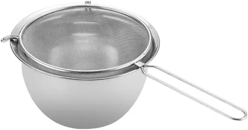 Vista 6 de Colador de malla de acero inoxidable con colador de cucharón ranurado de mango largo para servir fideos y albóndigas diseño único para preparación