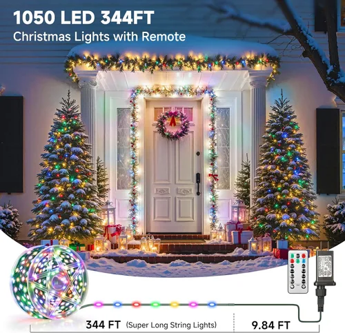 Vista 2 de Mlambert - Luces de Navidad de 1050 LED, 344 pies, luces de hadas impermeables para exteriores con control remoto, 8 modos, iluminación