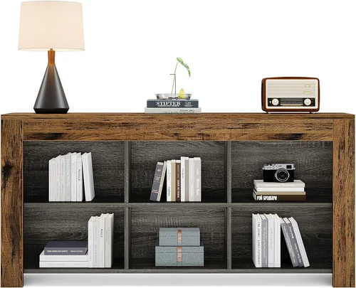 Vista 9 de Tribesigns Mesa consola de 63 pulgadas de largo, mesa de entrada de madera rústica con 6 cubos de almacenamiento, mesa de sofá industrial estrecha