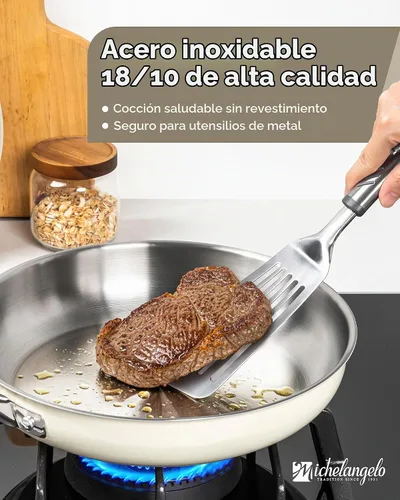 Vista 3 de MICHELANGELO Juego de sartenes de acero inoxidable, 8" 9.5" 11" sartén de inducción, sartenes de cocina de base triple con mango ergonómico