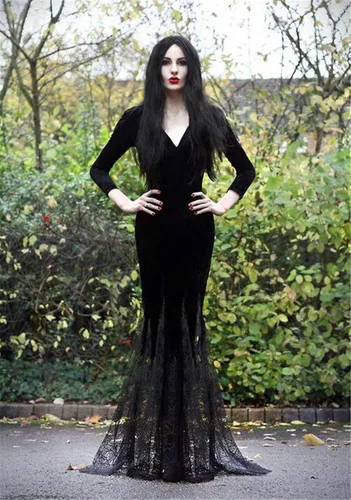 Vista 4 de Vestido largo de sirena para mujer, vestido largo con cuello en V, vestido de encaje negro, vestido de fiesta de Halloween, cosplay, vestidos