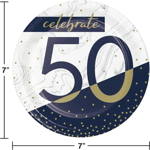 Vista 2 de Trendware Platos de postre de 50 cumpleaños azul marino y dorado, 24