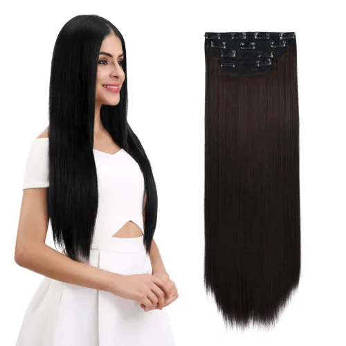 Vista 35 de REECHO - Juego de 4 extensiones de cabello sintético con clip de 12 pulgadas, 14 pulgadas y 16 pulgadas, lacio, largo y grueso, marrón oscuro