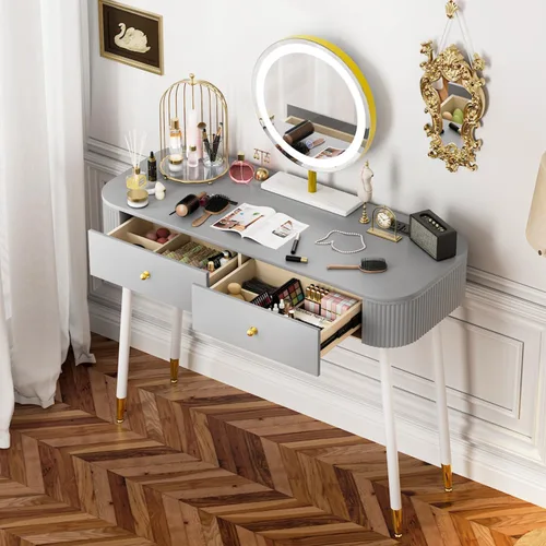 Vista 13 de WinZo Mesa de tocador de 24" con espejo y luces, pequeña mesa de tocador de maquillaje con 1 cajón de almacenamiento, elegante mesa de tocador
