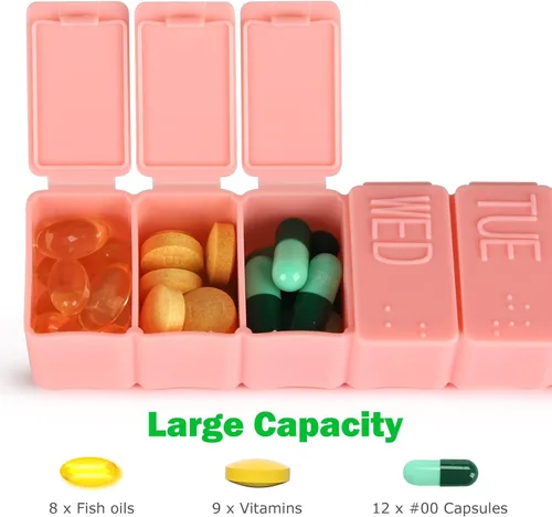 Vista 4 de 2 paquetes de organizador semanal de pastillas, pastillero diario de viaje con 7 compartimentos, organizador de medicamentos, pastillero de 7 días