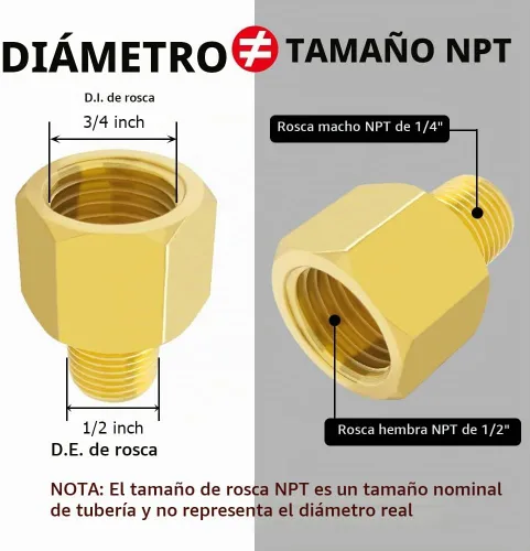 Vista 2 de Hooshing 2 piezas de adaptador reductor de rosca macho 1/4" NPT a hembra 1/2" NPT para tubería de latón