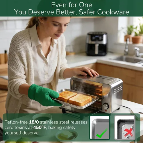 Vista 3 de Juego de 4 bandejas para hornear de acero inoxidable 18/0 con estante de enfriamiento, aptas para horno, no tóxicas, para hornear, sin revestimiento