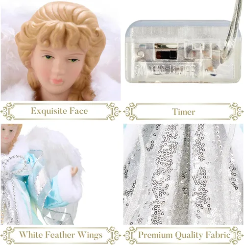 Vista 5 de Valery Madelyn - Decoración iluminada para árbol de Navidad con ángel con temporizador, decoración de ángel pequeño de 12 pulgadas de tela azul