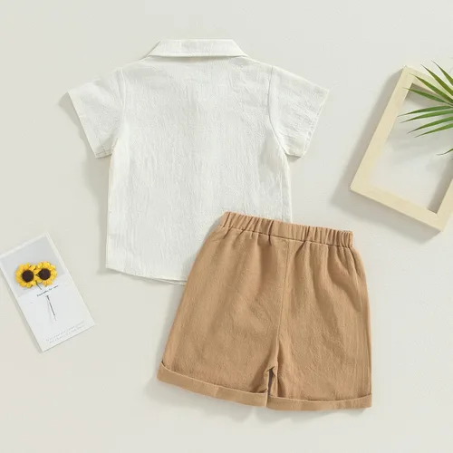Vista 3 de Karuedoo Conjunto de 2 piezas de ropa de algodón y lino de manga corta con botones y pantalones cortos para el verano A-beige Marrón