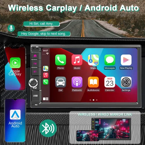 Vista 2 de Double Din Car Stereo Wireless Carplay Android Auto,7 Inch QLED Touch Screen Car Radio with AHD Rearview Backup Camera Bluetooth Dual Mic Mirror