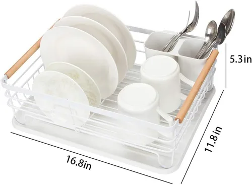 Vista 4 de Escurridor de platos y tabla de drenaje con mango de madera, 16.5 x 12 x 5.5 pulgadas, bandeja para secar platos, bandeja escurridor de platos