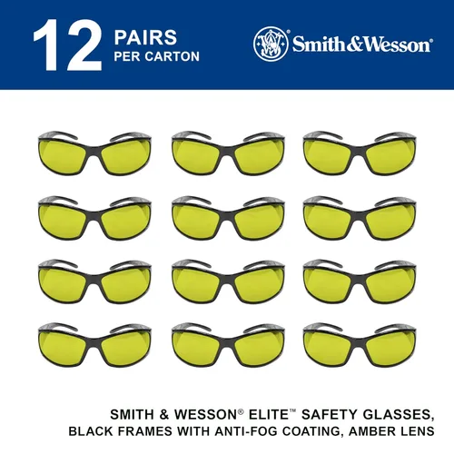 Vista 2 de Smith & Wesson® Gafas de seguridad Elite™ (21305), con revestimiento antivaho y lentes ámbar (amarillo) y montura negra, unisex para hombres
