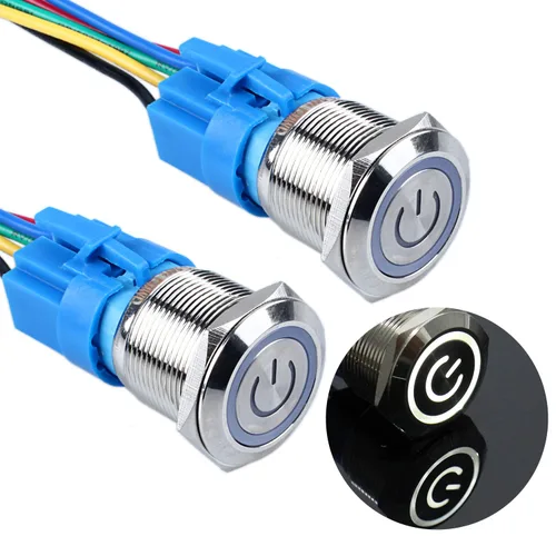 Vista 9 de 2 piezas de interruptor de botón de metal de cierre de 16 mm, 12V-24V, encendido/apagado, 1NO 1NC, impermeable, autoblocante, carcasa plateada