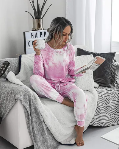 Vista 4 de Prettygarden - Conjunto de pijama para mujer, teñido anudado, de dos piezas, pijama con camiseta de manga larga y pantalón largo, con bolsillos