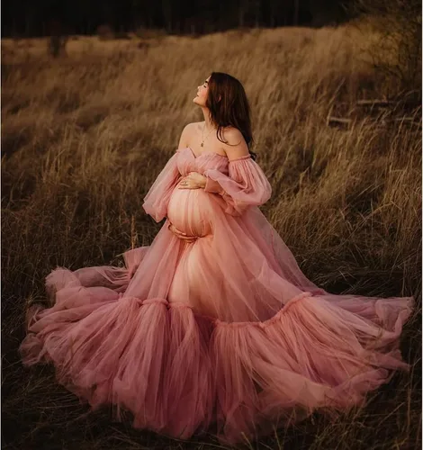 Vista 4 de Vestidos de maternidad de tul para sesión de fotos, batas de hombros descubiertos, manga larga, lencería nupcial, baby shower, vestidos de embarazo