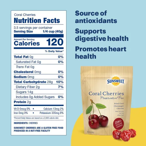 Vista 2 de Sunsweet Cerezas secas de coral - Fruta seca - 5oz, paquete de 4 Frutas secas, sin gluten, sin conservantes, a base de plantas, cerezas tartas