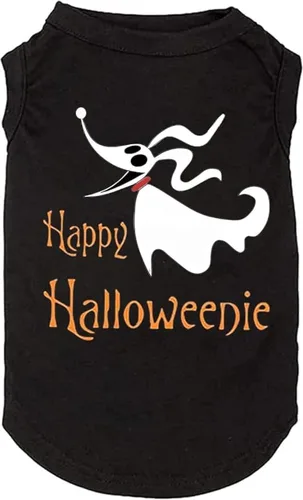Vista 3 de Camiseta divertida de calabaza con bonito perro fantasma y hueso impreso - Pequeña a XXS, Negra - Regalo de otoño