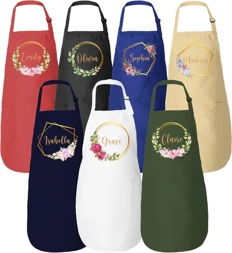 Vista 2 de ROKO CLOTHING Personalized Apron Floral Initials Design Name Text with Pockets - Custom Name Kitchen Aprons Women, Gift for Baking, Cooking