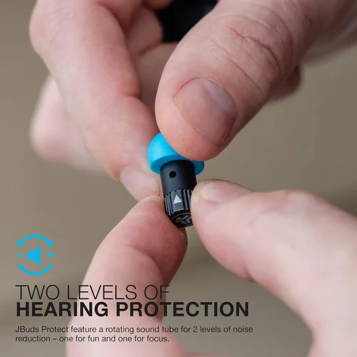Vista 2 de JLab JBuds Protect Tapones reutilizables para los oídos, niveles de reducción de ruido duales, juegos de 5 puntas, funda de transporte con llavero
