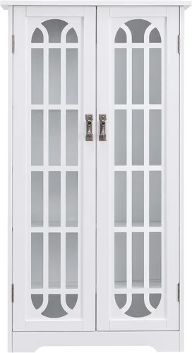 Vista 4 de SEI Furniture - Gabinete multimedia para ventana - Blanco - Diseño de transición, vidrio blanco y madera - Ideal para oficina en casa, sala de estar
