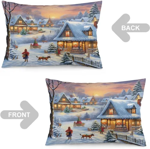 Vista 4 de Fundas de cojín decorativas para cama, diseño de pueblo de invierno, escena de invierno, con una casa victoriana en un entorno nevado, fundas
