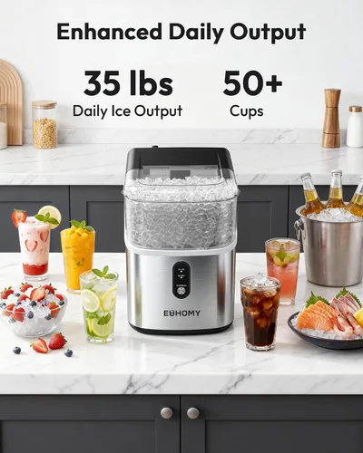 Vista 3 de EUHOMY Nugget - Máquina de hielo para encimera, lista en 7 minutos, máquina de hielo de guijarros de 35 libras/24 horas, máquina de hielo sónico