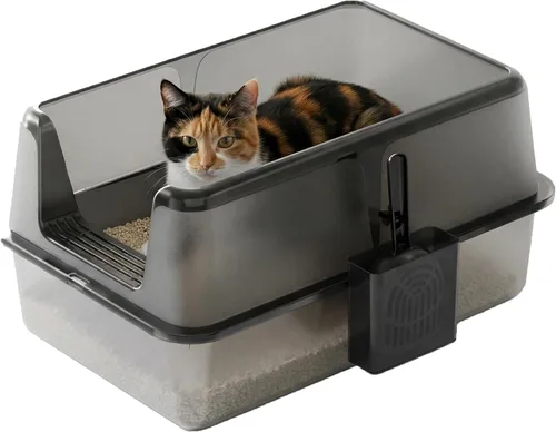 Vista 6 de Caja de arena para gatos de acero inoxidable, caja de arena de metal cerrada XL con tapa y filtro de arena lateral, diseño antiadherente antifugas