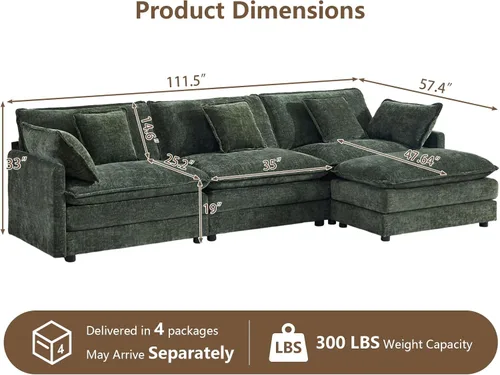 Vista 2 de Sofá modular modular de felpilla de asiento profundo, sofá en forma de L con almohadas y otomana móvil, cómodos sofás seccionales de nube de 3 Verde