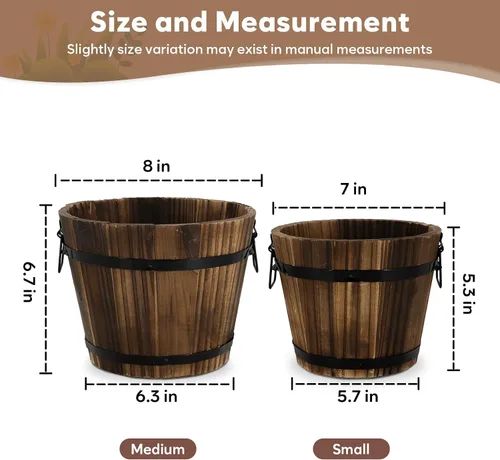 Vista 2 de Macetas pequeñas de madera con forma de barril, 6.3 pulgadas + 5.3 pulgadas, macetas rústicas de flores con agujeros de drenaje para decoración