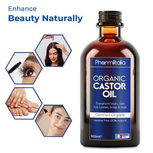 Vista 3 de Pharmlitalia Aceite de ricino orgánico prensado en frío sin refinar, aceite de ricino dorado orgánico para cara, cuero cabelludo, pestañas, cuidado