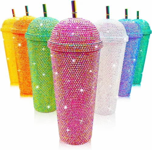 Vista 6 de Vaso de 24 onzas con diamantes de imitación hechos a mano con tachuelas, botella de agua reutilizable de plástico con doble pared con tapa y pajitas