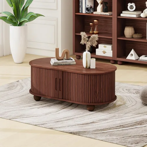 Vista 6 de Mesa de centro moderna de mediados de siglo con almacenamiento, mesa de centro ovalada de madera con puerta corrediza de tambor, mesa central