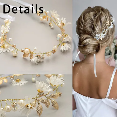 Vista 3 de 2 piezas de diadema de flores para el cabello de novia, diadema de boda, accesorios para el cabello de princesa, perlas de cristal, diadema elegante
