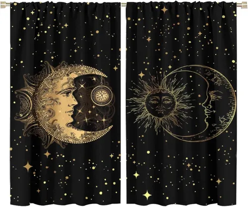 Vista 103 de Cortinas opacas con diseño de sol y luna, cuerpos celestes bohemios, con diseño de sol, luna y estrellas, para sala de estar, dormitorio, 42 x 45