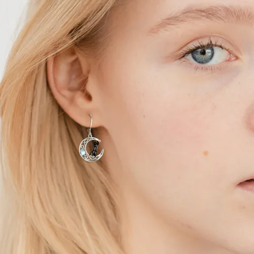 Vista 55 de Aretes colgantes de plata de ley con diseño de árbol de la vida, flor, abeja, animales, gato, colibrí, piedra lunar, turquesa, aretes con cierre