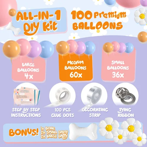 Vista 2 de Kit de arco de globos azules TODO EN 1 con globos BONUS de hueso y margarita para decoración de cumpleaños de niña - Guirnalda de globos pastel