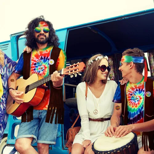 Vista 7 de Hotop Conjunto de disfraz hippie de los años 60 y 70 para mujeres y hombres chaleco hippie teñido anudado camiseta con signo de la paz collar