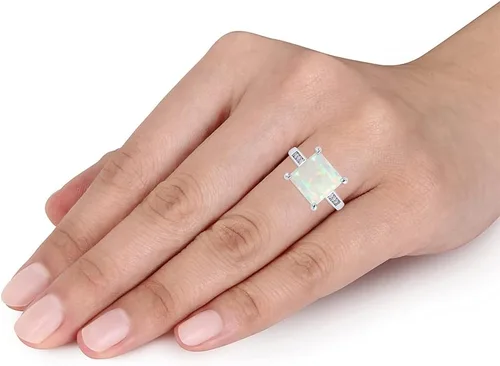 Vista 8 de GEMVIO Colección Anillo de compromiso de boda de compromiso con diamantes y piedras preciosas de ópalo blanco natural de 0.315in en oro de 14