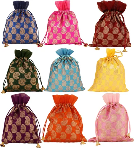 Vista 45 de Touchstone Preciosas bolsas de regalo reutilizables, respetuosas con el medio ambiente, brocado de cachemira con cordón grande para cumpleaños
