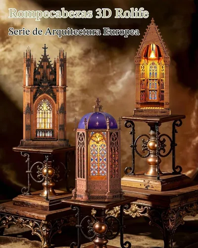 Vista 7 de Rolife Rompecabezas de madera 3D, modelo de arquitectura de catedral de geometría con luces LED, kit de construcción de manualidades para adultos