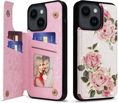 Vista 88 de UEEBAI Funda tipo cartera para iPhone 13 con tarjeteros, piel sintética, diseño floral, función atril, bloqueo RFID, doble cierre magnético, funda